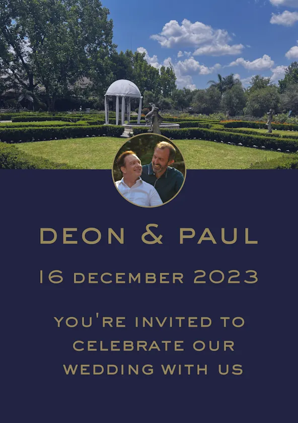 Deon & Paul invite you to their wedding on 16 December 2023